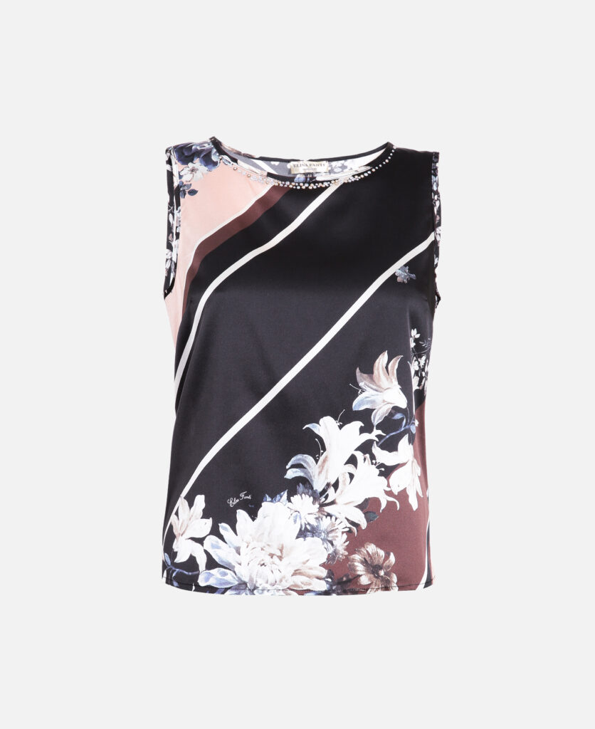 ELISA FANTI F/W 21/22 SERIE My Secret Garden TOP IN SETA CON STAMPA FLOREALE E STRASS