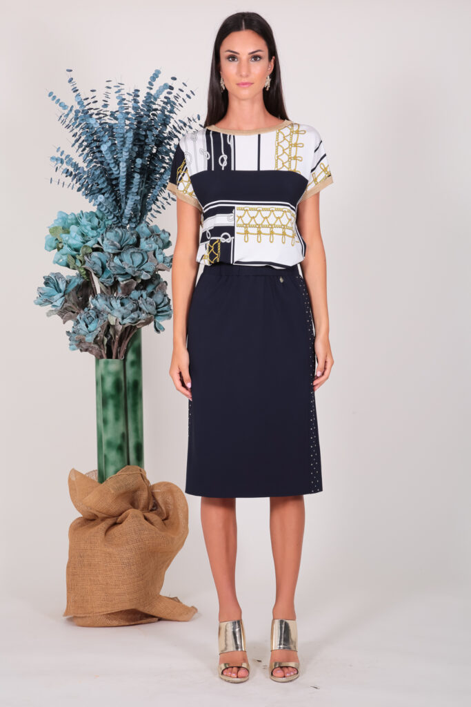 ELISA FANTI S/S 2022 GONNA MIDI A TUBINO IN PUNTO MILANO E STRASS