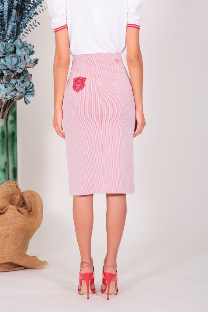 ELISA FANTI S/S 2022 GONNA MIDI IN COTONE SEERSUCKER RIGATO BIANCO/ROSSO E STRASS