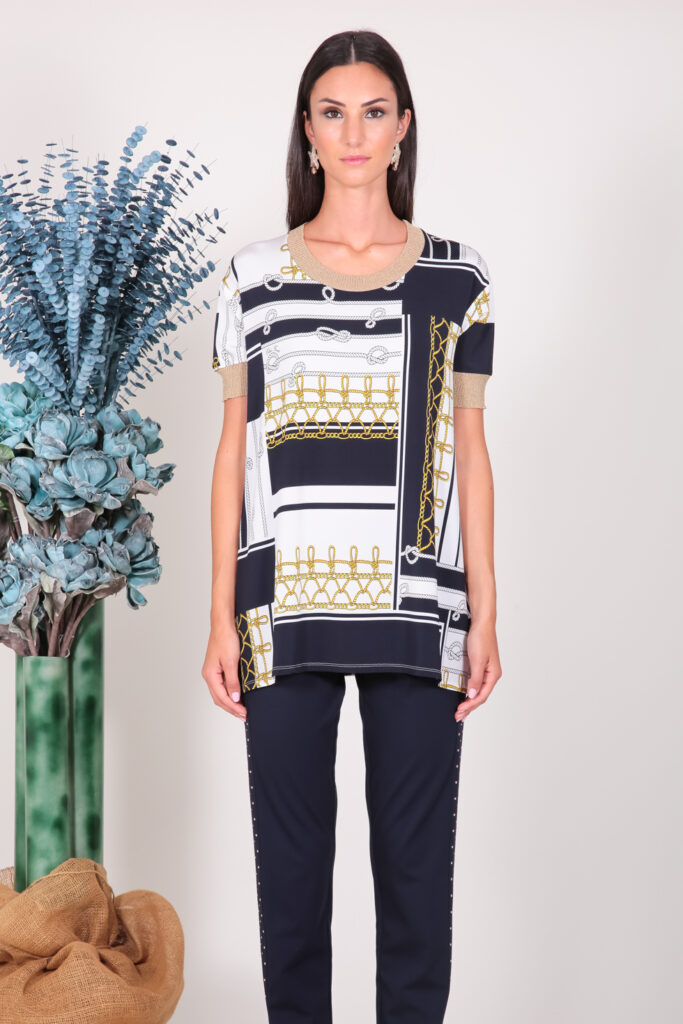 ELISA FANTI S/S 2022 MAGLIA IN JERSEY DI VISCOSA CON STAMPA CORDE E LUREX ORO