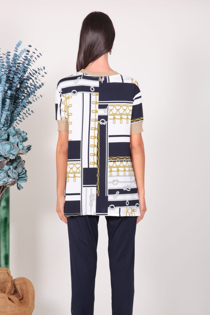 ELISA FANTI S/S 2022 MAGLIA IN JERSEY DI VISCOSA CON STAMPA CORDE E LUREX ORO