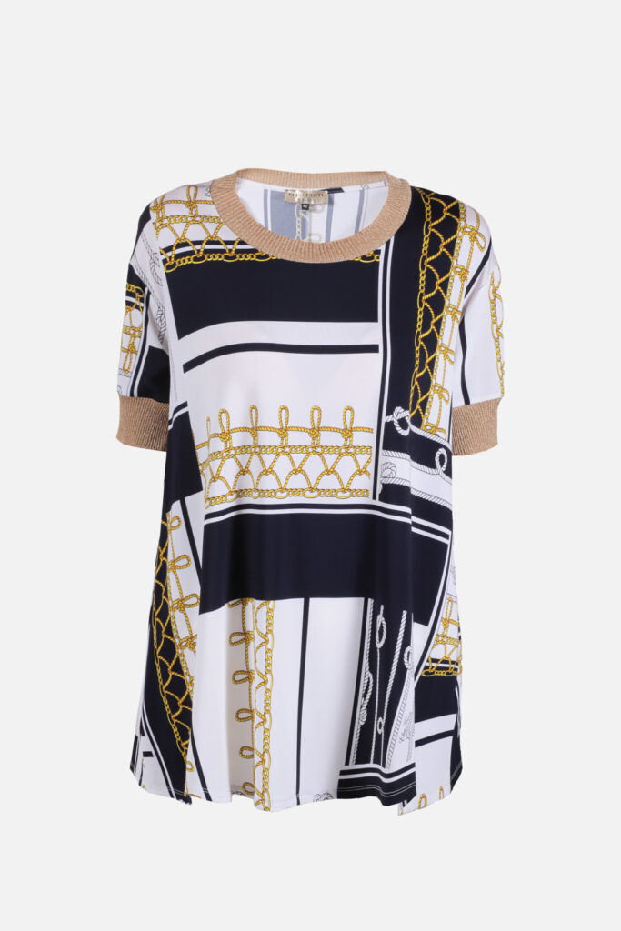 ELISA FANTI S/S 2022 MAGLIA IN JERSEY DI VISCOSA CON STAMPA CORDE E LUREX ORO