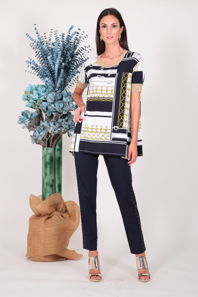 ELISA FANTI S/S 2022 MAGLIA IN JERSEY DI VISCOSA CON STAMPA CORDE E LUREX ORO