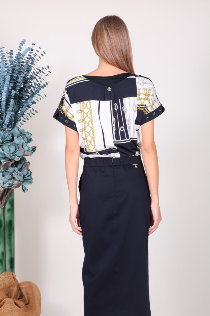 ELISA FANTI S/S 2022 MAGLIA IN JERSEY DI VISCOSA STAMPA CORDE E STRASS