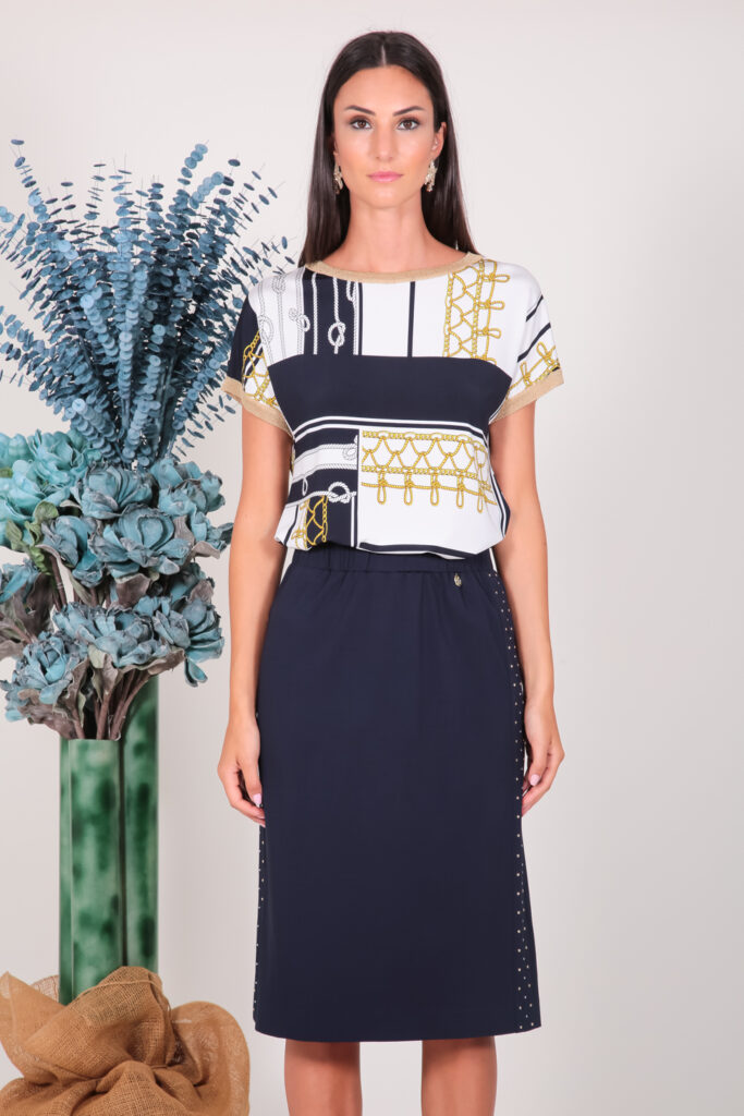 ELISA FANTI S/S 2022 MAGLIA IN JERSEY DI VISCOSA CON STAMPA CORDE E LUREX ORO