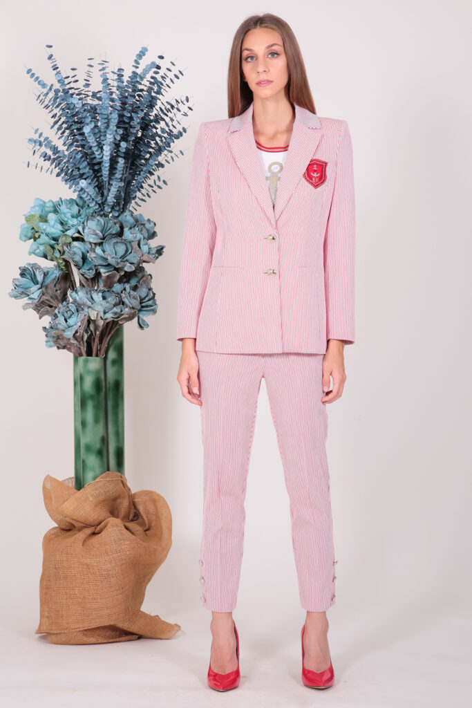 ELISA FANTI S/S 2022 PANTALONI IN COTONE SEERSUCKER RIGATO BIANCO/ ROSSO E STRASS