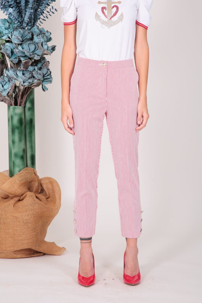 ELISA FANTI S/S 2022 PANTALONI IN COTONE SEERSUCKER RIGATO BIANCO/ ROSSO E STRASS