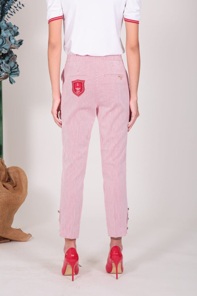 ELISA FANTI S/S 2022 PANTALONI IN COTONE SEERSUCKER RIGATO BIANCO/ ROSSO E STRASS