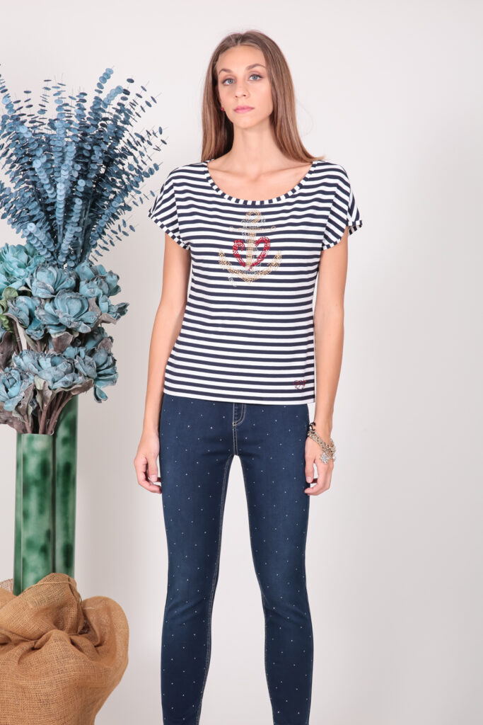 ELISA FANTI S/S 2022 MAGLIA IN JERSEY DI VISCOSA RIGATA BIANCO/BLU E STRASS