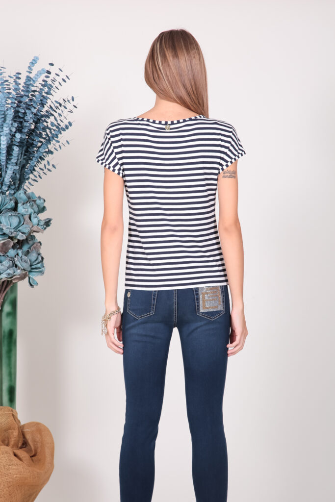 ELISA FANTI S/S 2022 MAGLIA IN JERSEY DI VISCOSA RIGATA BIANCO/BLU E STRASS