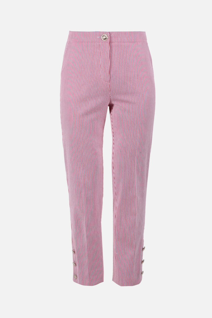 ELISA FANTI S/S 2022 PANTALONI IN COTONE SEERSUCKER RIGATO BIANCO/ ROSSO E STRASS