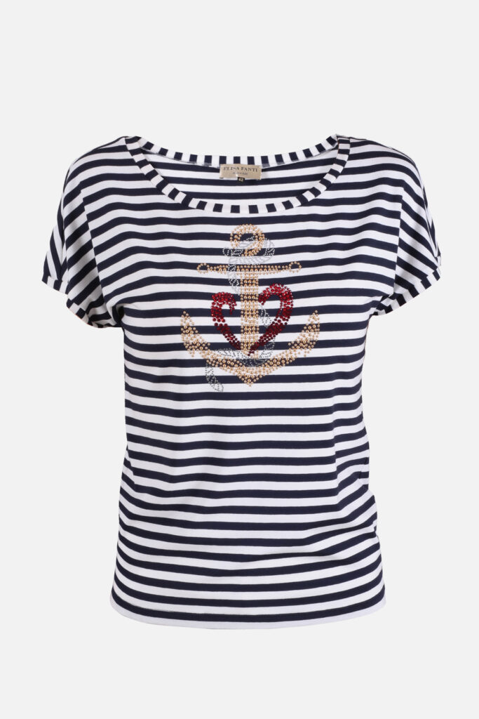 ELISA FANTI S/S 2022 MAGLIA IN JERSEY DI VISCOSA RIGATA BIANCO/BLU E STRASS
