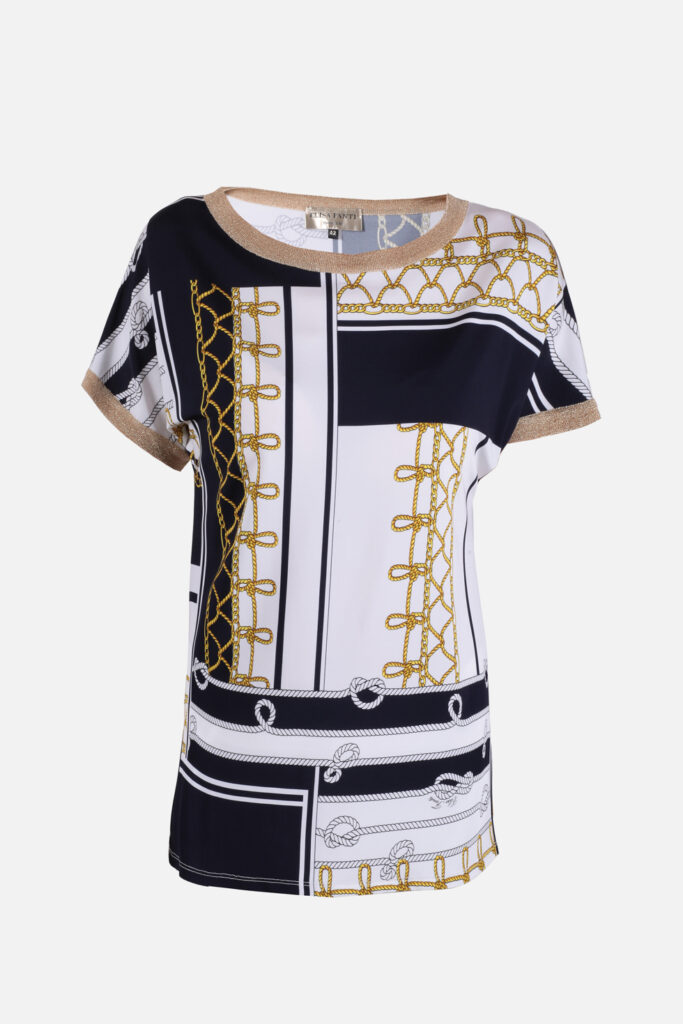 ELISA FANTI S/S 2022 MAGLIA IN JERSEY DI VISCOSA CON STAMPA CORDE E LUREX ORO